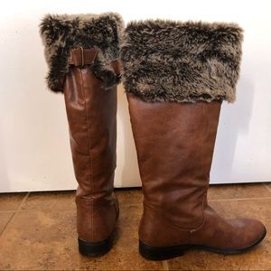 Brown vegan leather tall boots with faux fur cuff